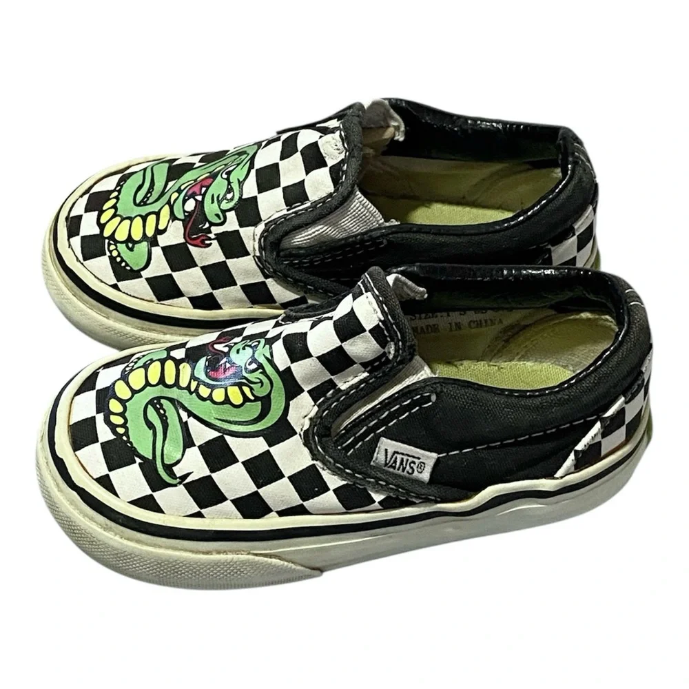 Vintage Vans Checkerboard Slip On Sneakers Toddler Size 6.5 Custom Snake Graphic